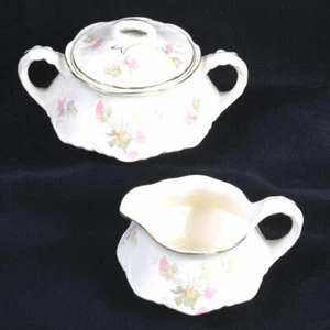 Vintage HOMER LAUGHLIN #F43N8 Ivory & Pink Leaf Fine China CREAM & SUGAR SET - Picture 1 of 6