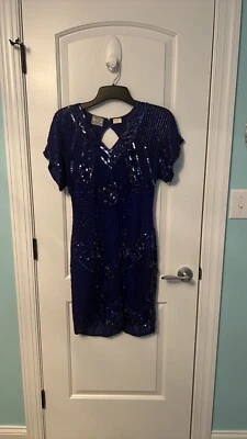 Vintage Stenay India Royal Blue Silk Formal Beaded Sequin Dress Size 8 - Image 1 of 4