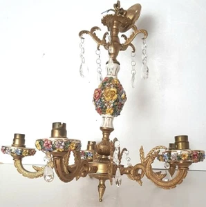 A Vintage Capodimonte Porcelain Floral Chandelier With Crystal Drops, 5 Arm. - Picture 1 of 9