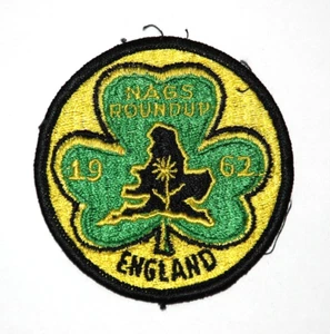 NAGS North American Girl Scout Roundup parche bordado 1962 Inglaterra Trébol 3" - Imagen 1 de 5
