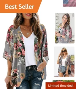 Lightweight Dark Grey Floral Kimono Cardigan with Puff Sleeves - Size S-5XL - Picture 1 of 10