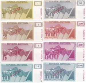 Slovenia Set 8 Pcs 1 - 1000 TOLAJEV SPECIMEN 1990-92  P 1-P 6, P 8b 9b UNC - Picture 1 of 3
