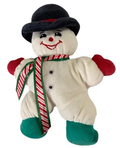 Vintage Bantam Snowman Rattle Plush Stuffed Ribbon Scarf Black Hat Red Green 9” - Picture 1 of 5
