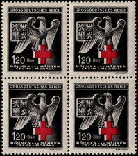 ✔️  GERMANY BOHEMIA MORAVIA 1943 WWII NAZI RED CROSS SC. B21 ** MNH BLOCK OF 4