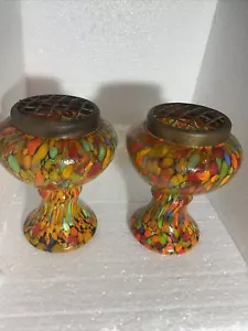 PAIR ART DECO BOHEMIAN CZECH SPATTER GLASS POSY FLOWER FROG VASE LOETZ KRALIK. - Picture 1 of 24