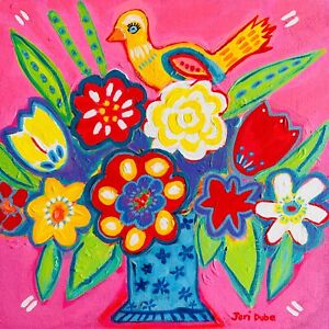 JERI DUBE peinture originale art folklorique fleurs d'oiseau de collection 12" x 12" toile