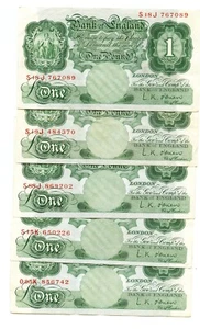 LK O'BRIEN TEN X ONE POUND BANKNOTES - SERIES A - BRITANNIA TYPE. - Picture 1 of 2