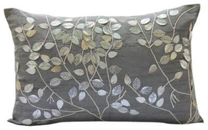 Lumbar Cushion Cover Silver Set of 2, Couch Decor Silk - Pearl Leaf Magic - Picture 1 of 4