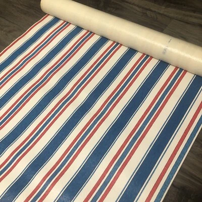 Vintage Left Over Wallpaper Roll Colorful Red White Blue Striped *read* - Image 1 of 4