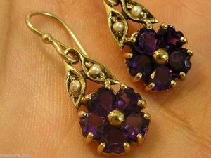 E086- Solid 9K Gold Natural Amethyst & Pearl Blossom Earrings Dangle drop Heart - Picture 1 of 3