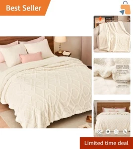 Luxurious Twin Size 510GSM Reversible Sherpa Fleece Blanket in Cream - Picture 1 of 11