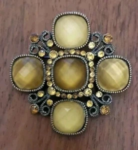 Vintage Celtic Faceted Amber Yellow Glass Filigree Bronze Tone Brooch Pin - Picture 1 of 1