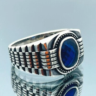 Anillo de zafiro azul simulado de plata de ley 925 para hombre auténtico hecho a mano regalole Foto 1 de 4
