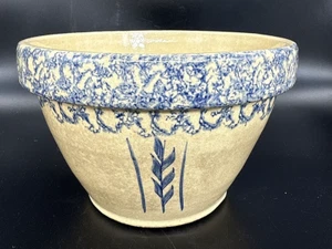 Vtg Robinson Ransbottom Spongeware Blue Wheat Mixing Dough Bowl 8" Roseville USA - Picture 1 of 9