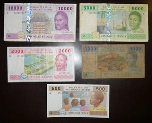 Central African states 5 pcs all different 500-10000 Francs 2002 - Picture 1 of 2