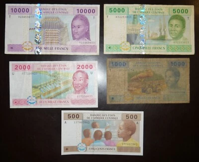 Central African states 5 pcs all different 500-10000 Francs 2002 - Image 1 of 2