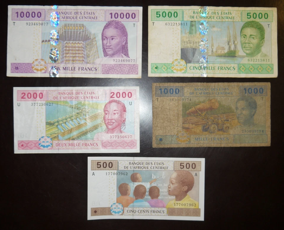 Central African states 5 pcs all different 500-10000 Francs 2002 - Image 1 of 2