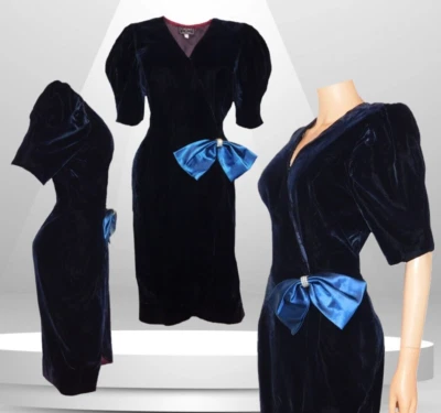 Vestido formal veludo midi PROM anos 90 Y2K veludo azul cachet por Bari Protos - Imagem 1 de 4