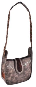 Echtleder GRAU CROSSBODY BAG mit Rindsleder Intarsien Silber Nieten Geflochtener Riemen - Bild 1 von 1