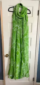 VINTAGE 1960s GREEN TROPICAL PRINT CHIFFON MAXI SUMMER DRESS W/SCARF UNSIZED S - Picture 1 of 24