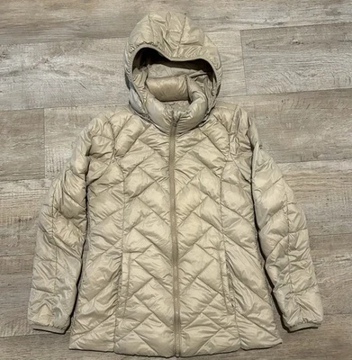 London Fog Women Lightweight Zip Packable Down Hooded Puffer Jacket Beige Small - Image 1 of 4