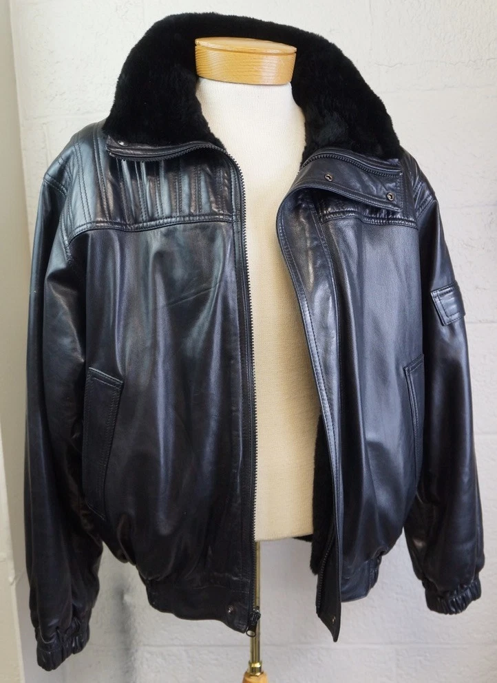 Bomber/Harrington Black Leather Vintage Outerwear Coats & Jackets