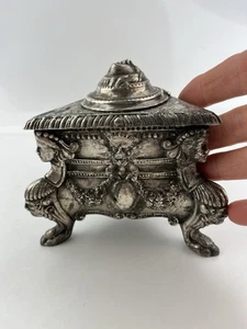 Cast Silver Color Metal Faces Inkwell Missing Glass Insert Lid Opens Ornate - Picture 1 of 11