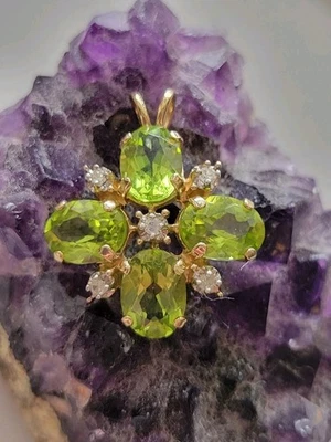 14K Yellow Gold 4 Oval Fancy Cut Peridot Stones 5 Diamond All Prong Set Pendant  - Image 1 of 4