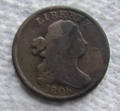 1808 1/2C BN Draped Bust  Half Cent Rare Key Date Type Coin  Brown Fine Cleaned - Image 1 of 3