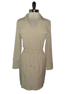 NEW CALVIN KLEIN Size 10 Shirtdress Dress Beige Long Sleeve Stretch Woven - Image 1 of 4