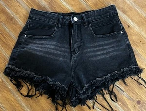 Shein Black Denim Shorts ~ Size Small ~ Frayed Hem - Picture 1 of 6