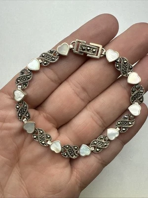 复古纯银 Mother Of Pearl Marcasite 7.75 英寸心形手链 - 12.7 克 — 第 1/4 张图片