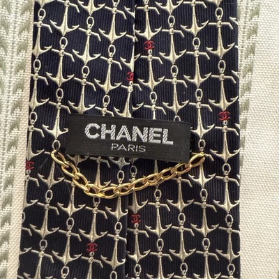 CHANEL Men's Silk Tie Navy Blue/White Anchors/Red CCs - Image 1 of 4