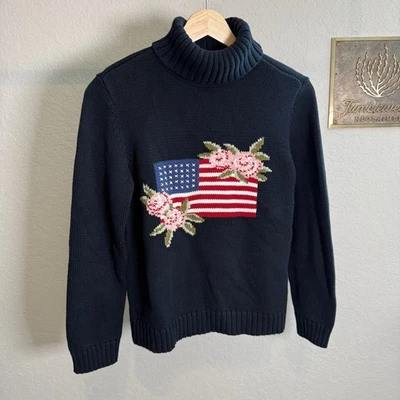 Suéter de cuello alto de algodón con bandera americana floral pequeño para mujer Foto 1 de 4