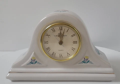 Vintage Laura Ashley Parfums Quartz Mantle Clock - White Floral Porcelain Cover