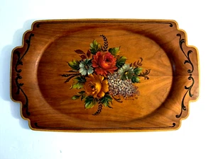Vintage Farberware Haskelite Wood Tray 12x20 inch Painted Roses Mid Century - Picture 1 of 17