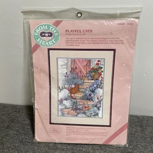 FROM THE HEART Crewel Needlepoint Kit Playful Cats 12"x16" Vtg. 1988 #51025 - Picture 1 of 3