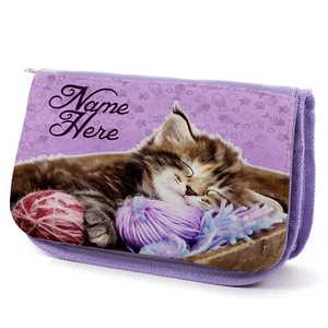Personalised Cat Pencil Case Girls School Stationary Bag Purple Kitten ST370 - Picture 1 of 12