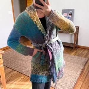 Greylin Rainbow Colorful Knit Fringe Bohemian Preppy Cardigan Tie Waist Sweater - Picture 1 of 9