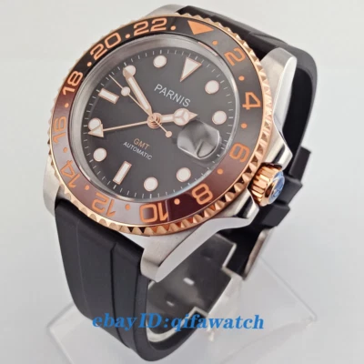 40mm PARNIS esfera negra cristal zafiro bisel cerámica GMT reloj automático 2703 Foto 1 de 4