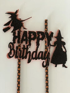 Personalizado 1 Decoración de Pasteles Cumpleaños Halloween Brujas Brillo Naranja Negro Raro - Imagen 1 de 4