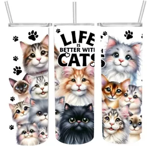 * LIFE IS BETTER WITH CATS Custom Tumbler Stainless Steel 20 Oz Lid & Straw - Picture 1 of 2