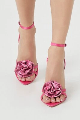 Zapatos de tacón de aguja rosa satinado estrás moda para mujer TALLA 10 Foto 1 de 3