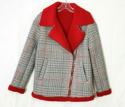 Chaqueta de motociclista a cuadros roja forrada Sherpa para mujer talla S Foto 1 de 4