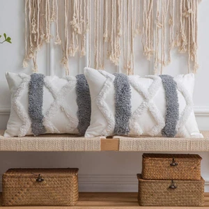 Boho Throw Pillow Covers: 2 Pack 100% Cotton Woven Tufted Rectangle Lumbar Decor - Picture 1 of 12