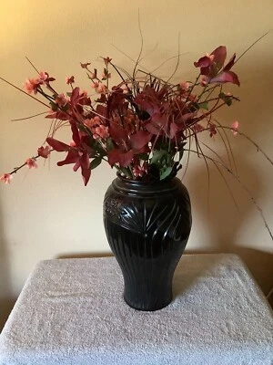 Vintage Black Vase With Burgundy and Pink Flower Arrangement - Image 1 of 4