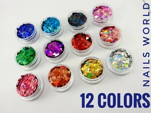 Nail Art Glitter 12 Colours HEART Holographic 3D Sequins Valentines Manicure UK - Picture 1 of 45