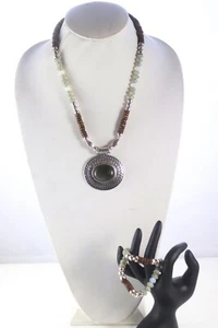 Labradorite Precious Stone Pendant With Wooden And Plastic Beads Necklace Set - Picture 1 of 12
