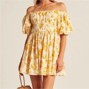 NWT Abercrombie and Fitch Yellow Floral Puff Sleeve Off The Shoulder Mini Dress - Picture 1 of 9