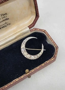 Antique French Victorian Paste 900 Silver Crescent Moon Brooch Pin - 4.3g - Picture 1 of 8